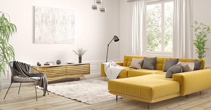 Wohnzimmer mit gelber Couch